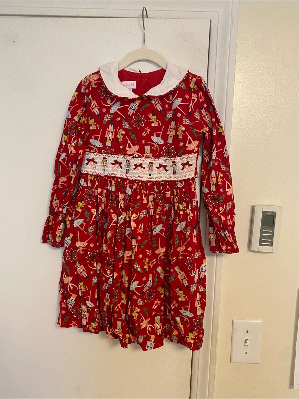 Girls Red Nutcracker Print Holiday Dress with White Peter Pan Collar